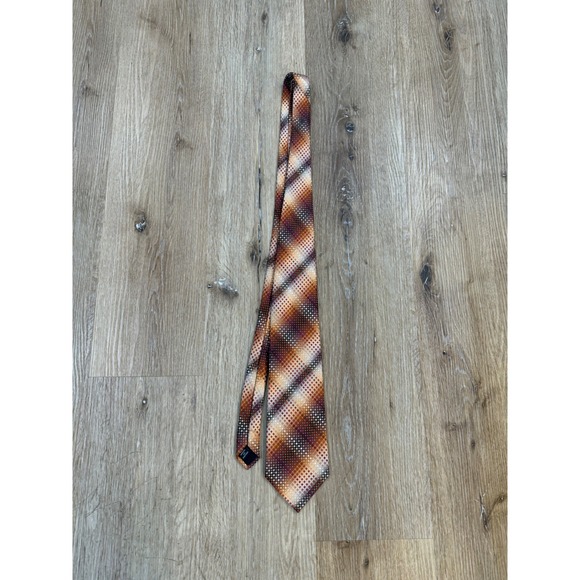 Kenneth Cole New York Other - Kenneth Cole New York Mens Silk Tie Brown Orange Geometric Grid Handmade Necktie